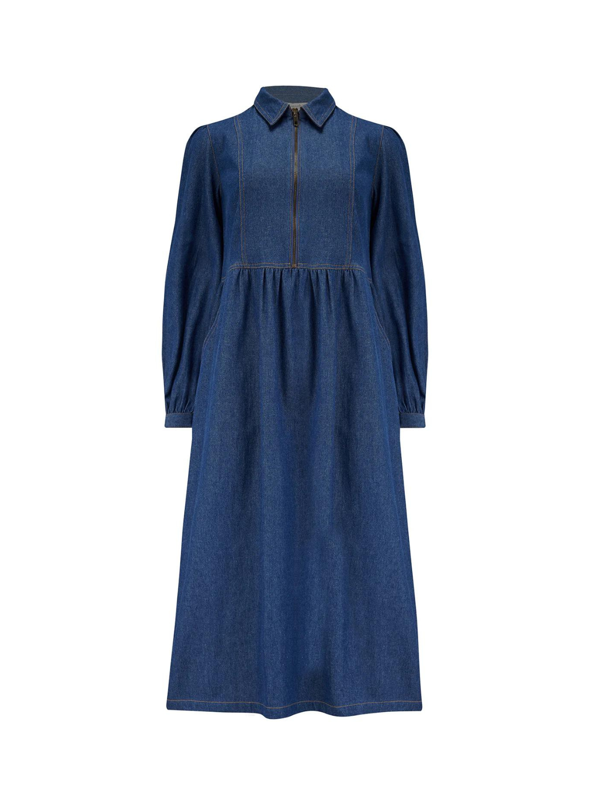 Kirsty Midi Smock Dress in Mid-Blue Denim from Sugarhill