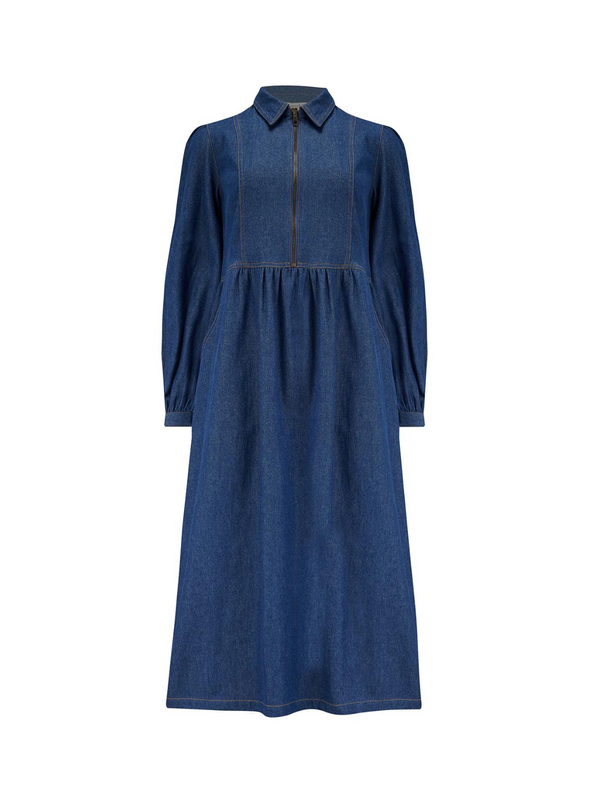 Kirsty Midi Smock Dress in Mid-Blue Denim from Sugarhill