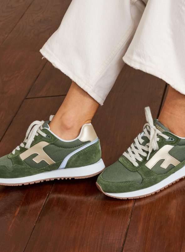 Elm Baskets Syn Woven Suede Trainers in Green from Faguo