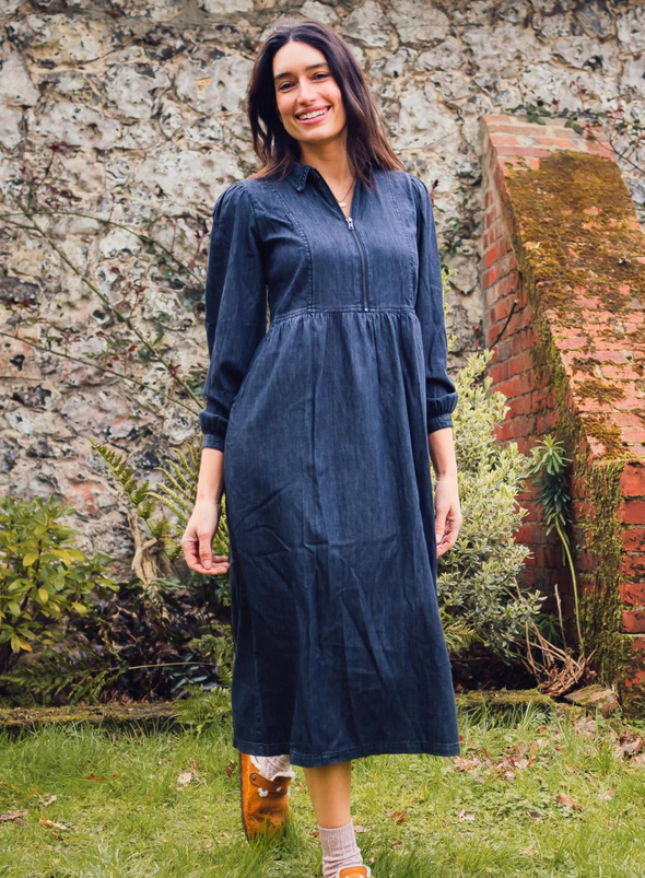 Kirsty Midi Smock Dress in Mid-Blue Denim from Sugarhill