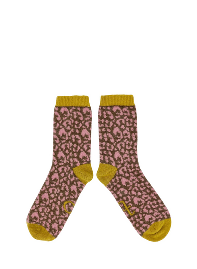 Lambwool Ankle Socks in Pink/Soft Brown Leopard from Catherine Tough