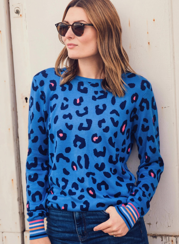 Callie Jumper in Blue Leopard Pop Stripe from Sugarhill