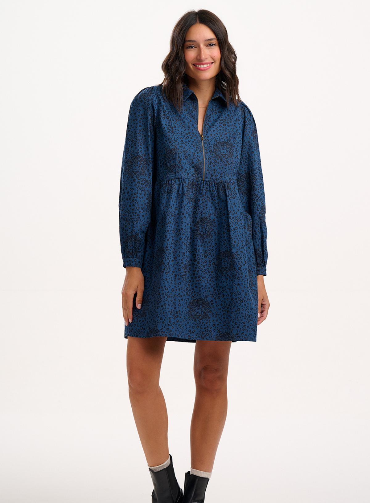 Sugarhill Brighton Karen Petrol Navy Hidden Leopard Mini Smock Dress
