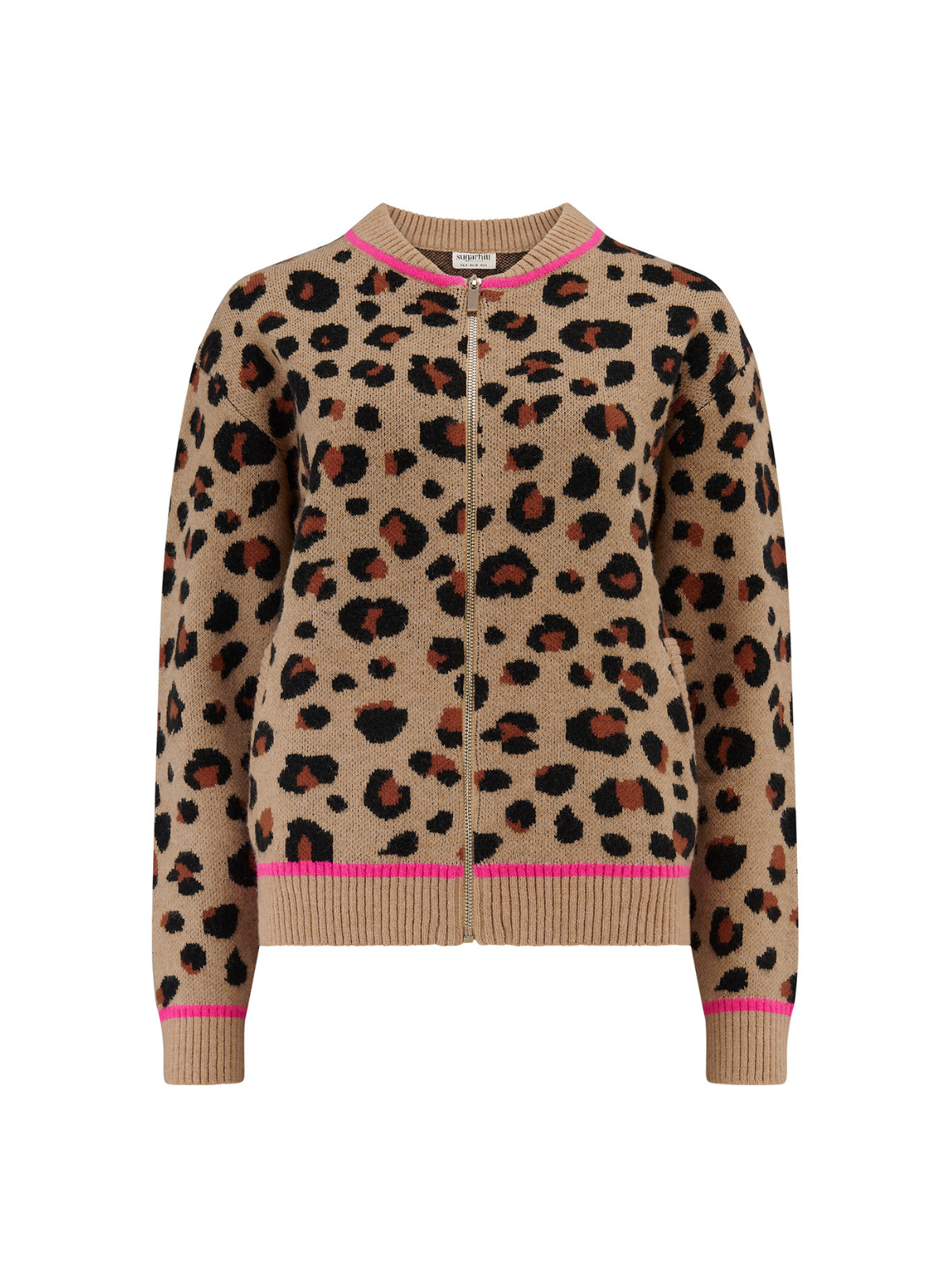 Solana Knitted Bomber in Tan/Black, Natural Leopard from Sugarhill