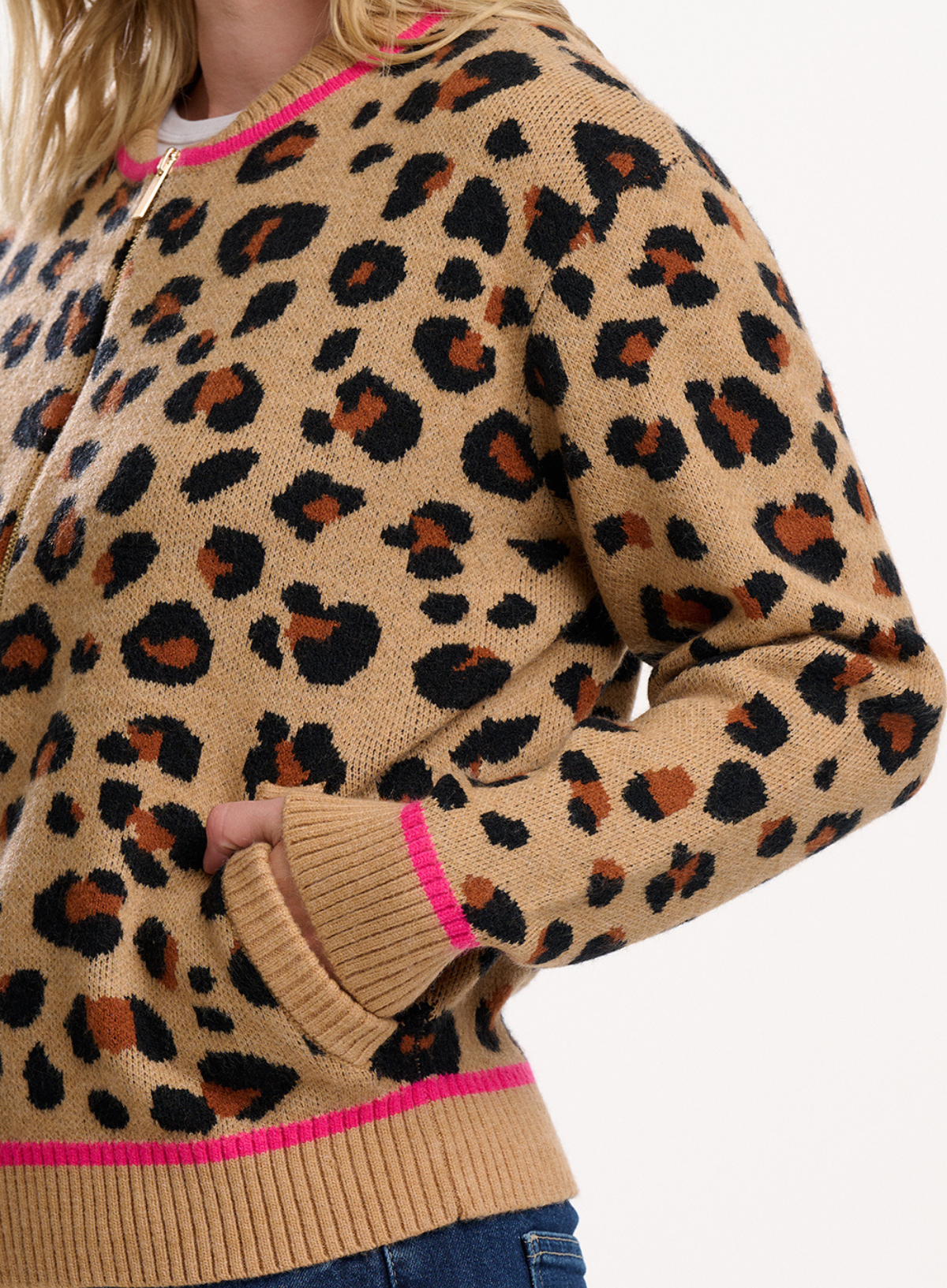 Solana Knitted Bomber in Tan/Black, Natural Leopard from Sugarhill