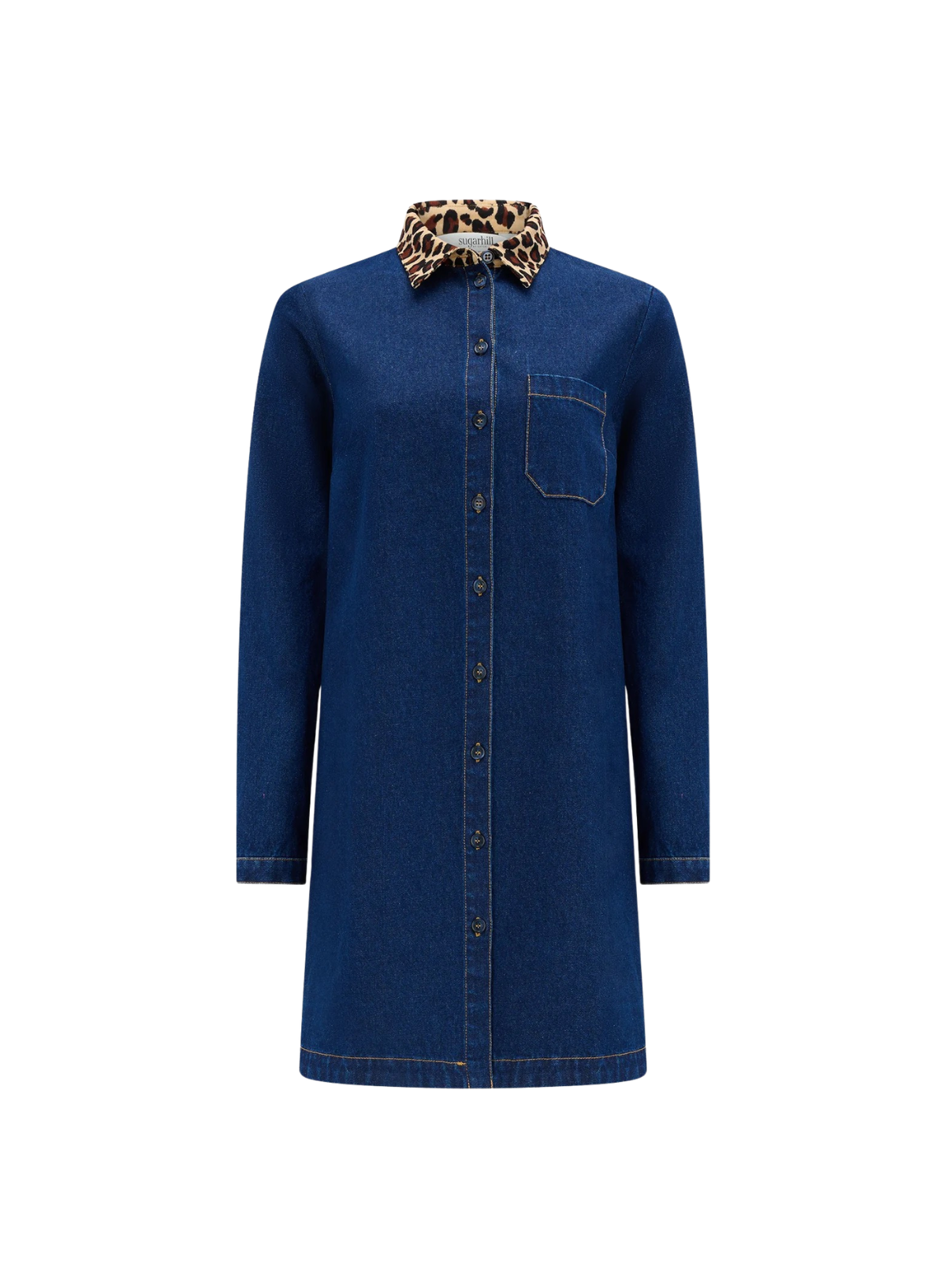 Sugarhill Ilsa Mini Denim Shirt Dress in Indigo Denim Leopard Collar