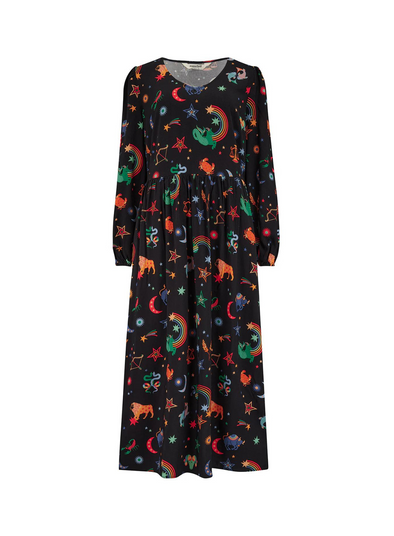 Sidney Midi Smock Dress in Black Zodiac Rainbow Skies from Sugarhill