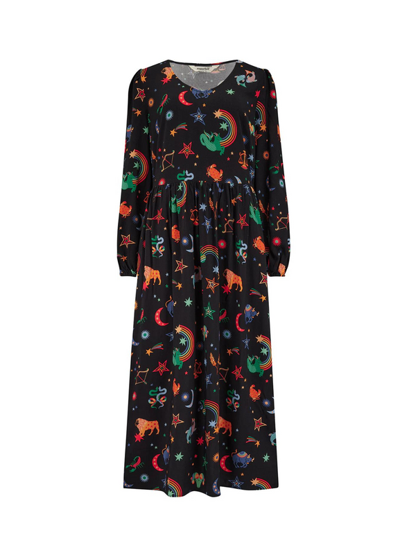 Sidney Midi Smock Dress in Black Zodiac Rainbow Skies from Sugarhill