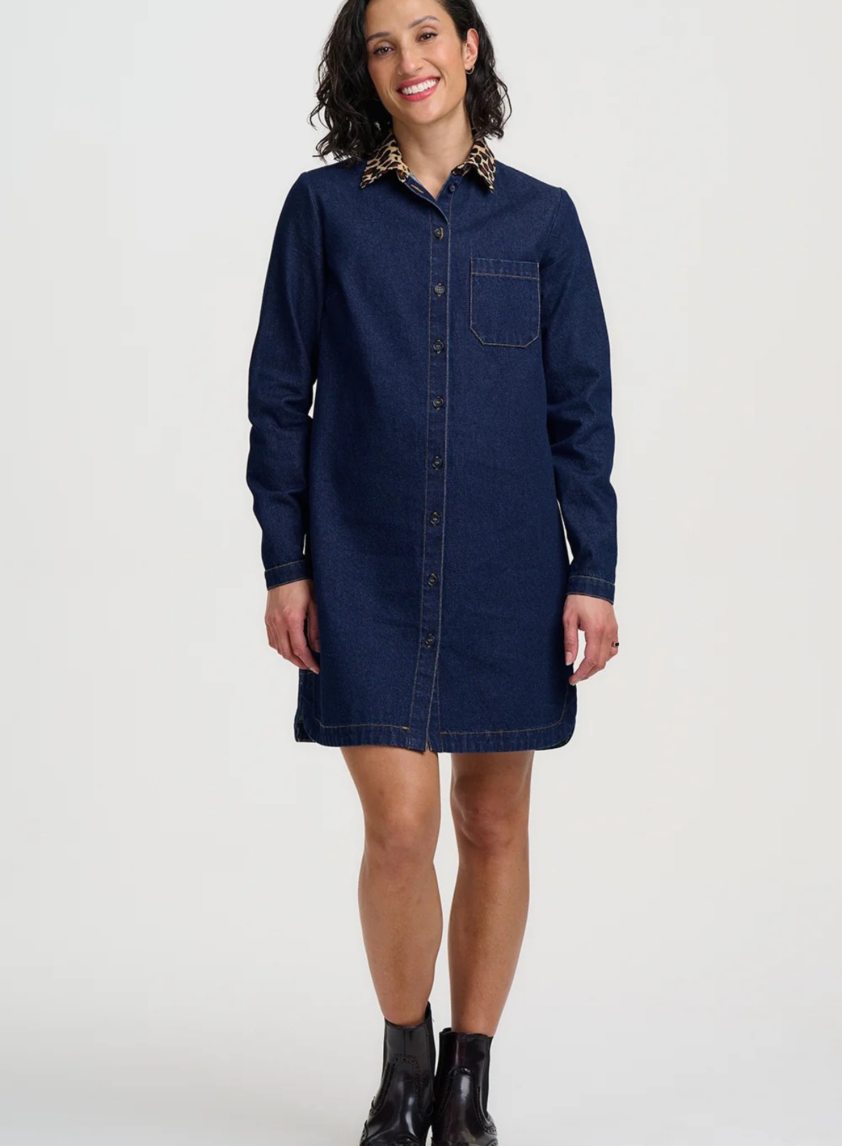 Sugarhill Ilsa Mini Denim Shirt Dress in Indigo Denim Leopard Collar