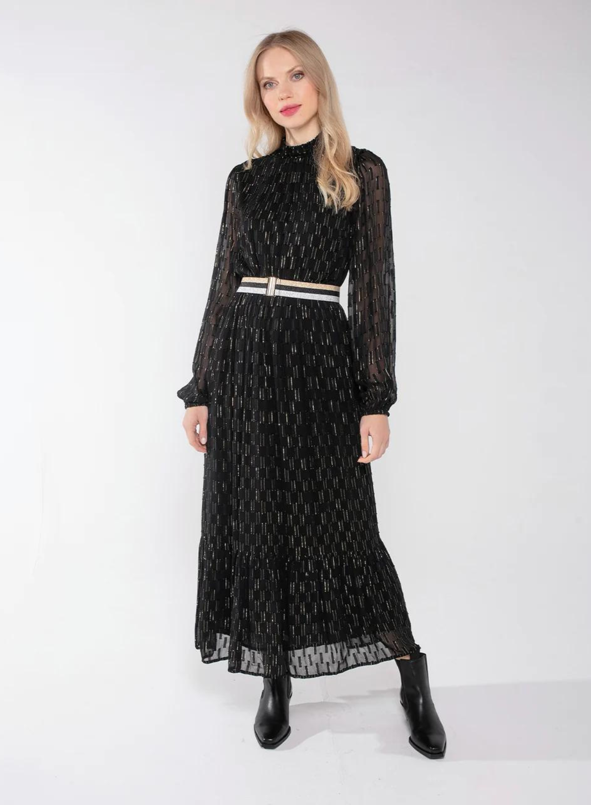 Naomi Metallic Jacquard Dress in Black from Nooki