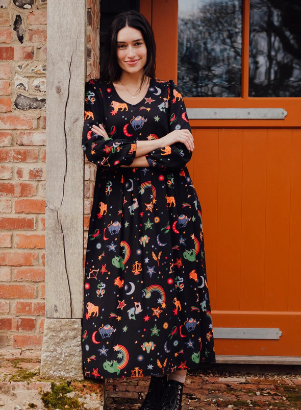 Sidney Midi Smock Dress in Black Zodiac Rainbow Skies from Sugarhill