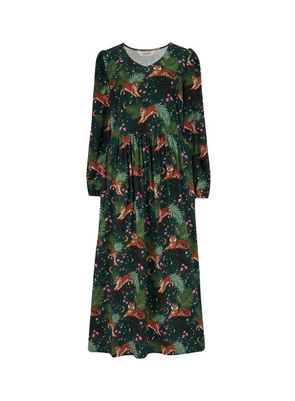Sidney Midi Smock Dress in Dark Green Tigers & Palms from Sugarhill