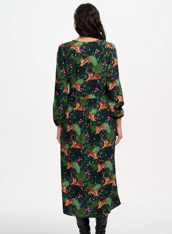 Sidney Midi Smock Dress in Dark Green Tigers & Palms from Sugarhill