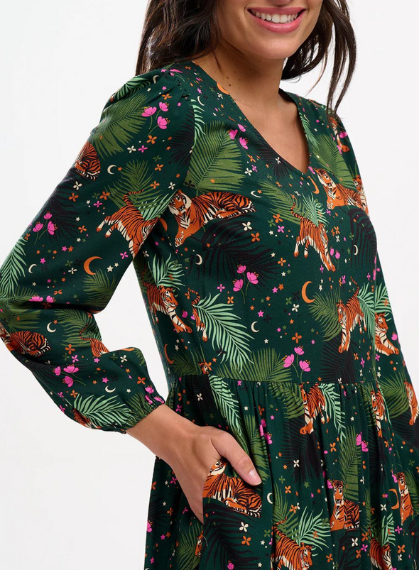Sidney Midi Smock Dress in Dark Green Tigers & Palms from Sugarhill