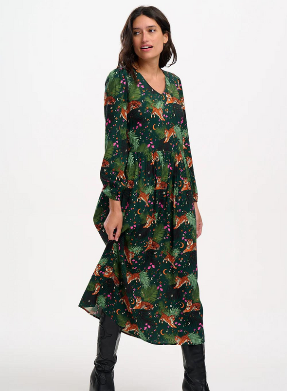 Sidney Midi Smock Dress in Dark Green Tigers & Palms from Sugarhill