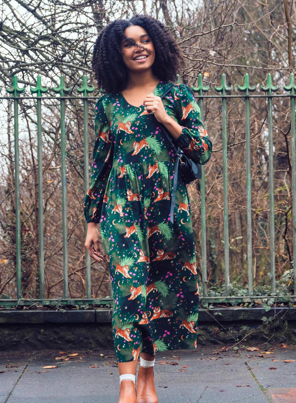 Sidney Midi Smock Dress in Dark Green Tigers & Palms from Sugarhill