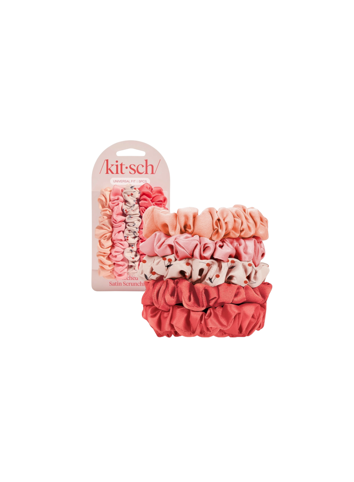 Kitsch Ruched Satin Scrunchies 5pc Set in Cherry Blossom