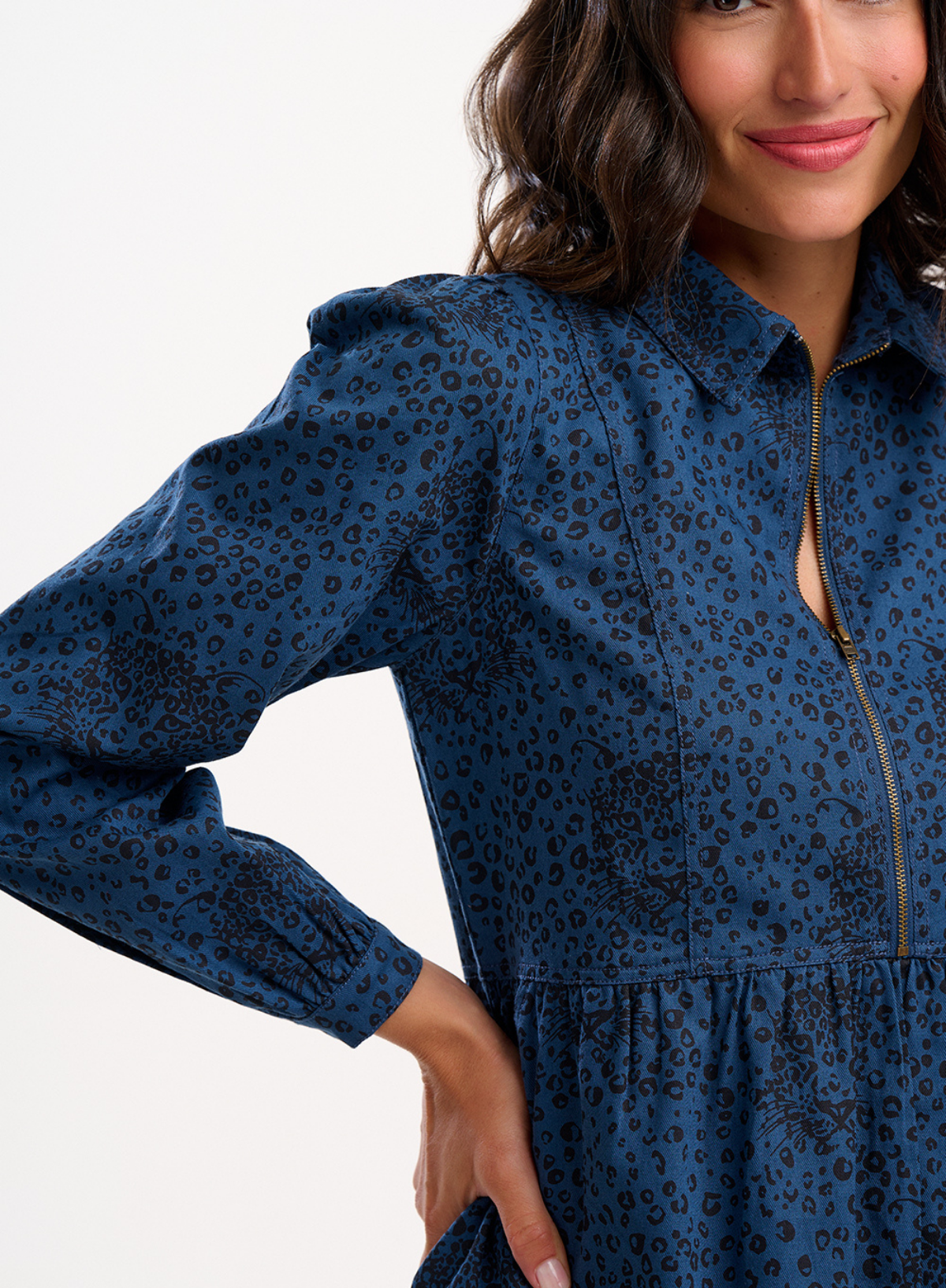 Sugarhill Brighton Karen Mini Smock Dress in Petrol Navy, Hidden Leopard