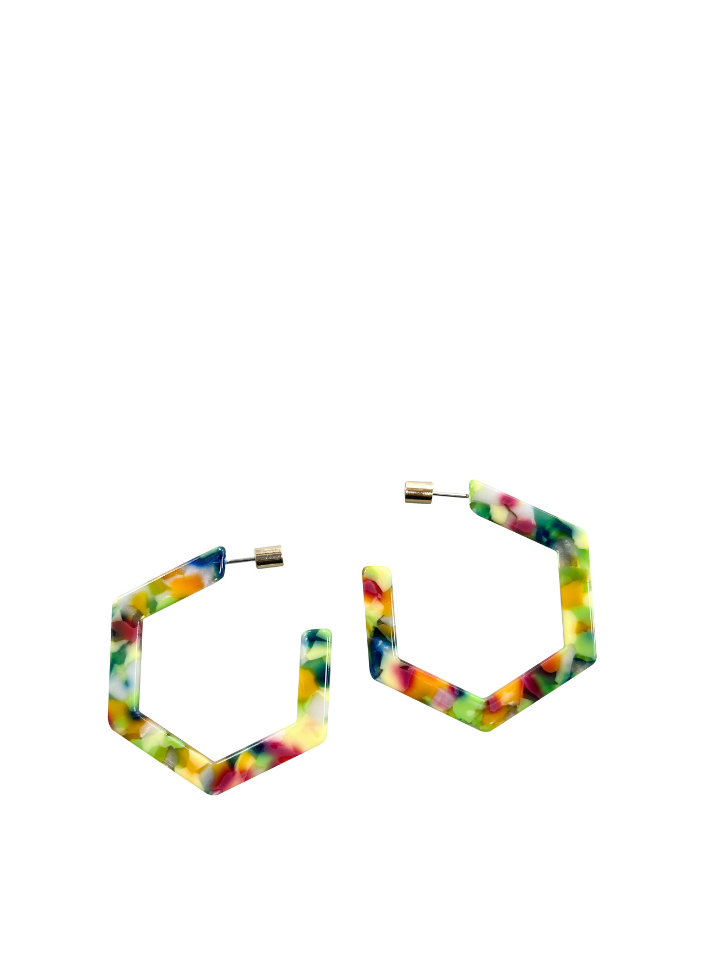 Erica Resin Hexagon Earrings in Green and Orange from Big Metal
