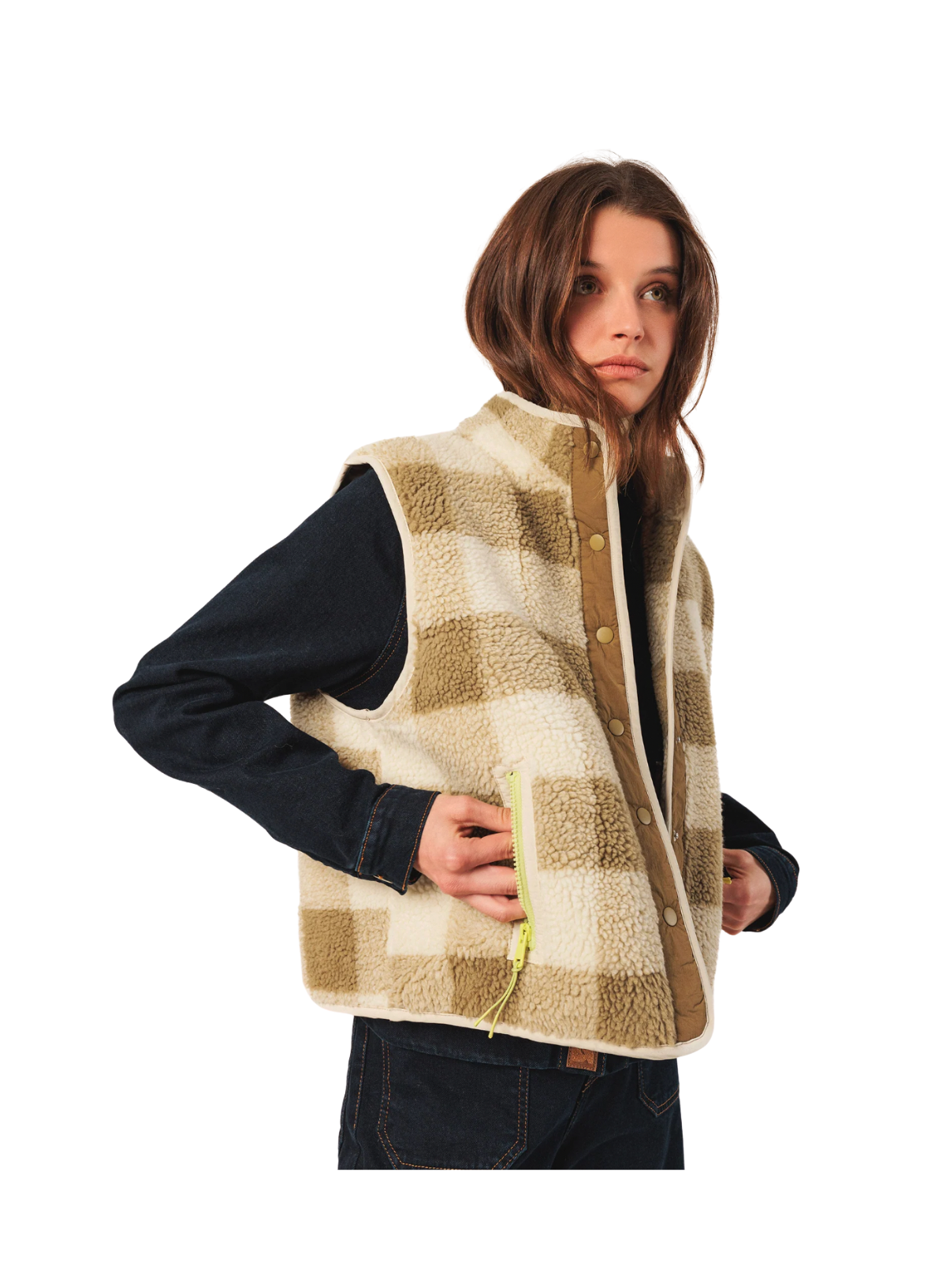 Indi & Cold Check Gilet in Brown & Beige