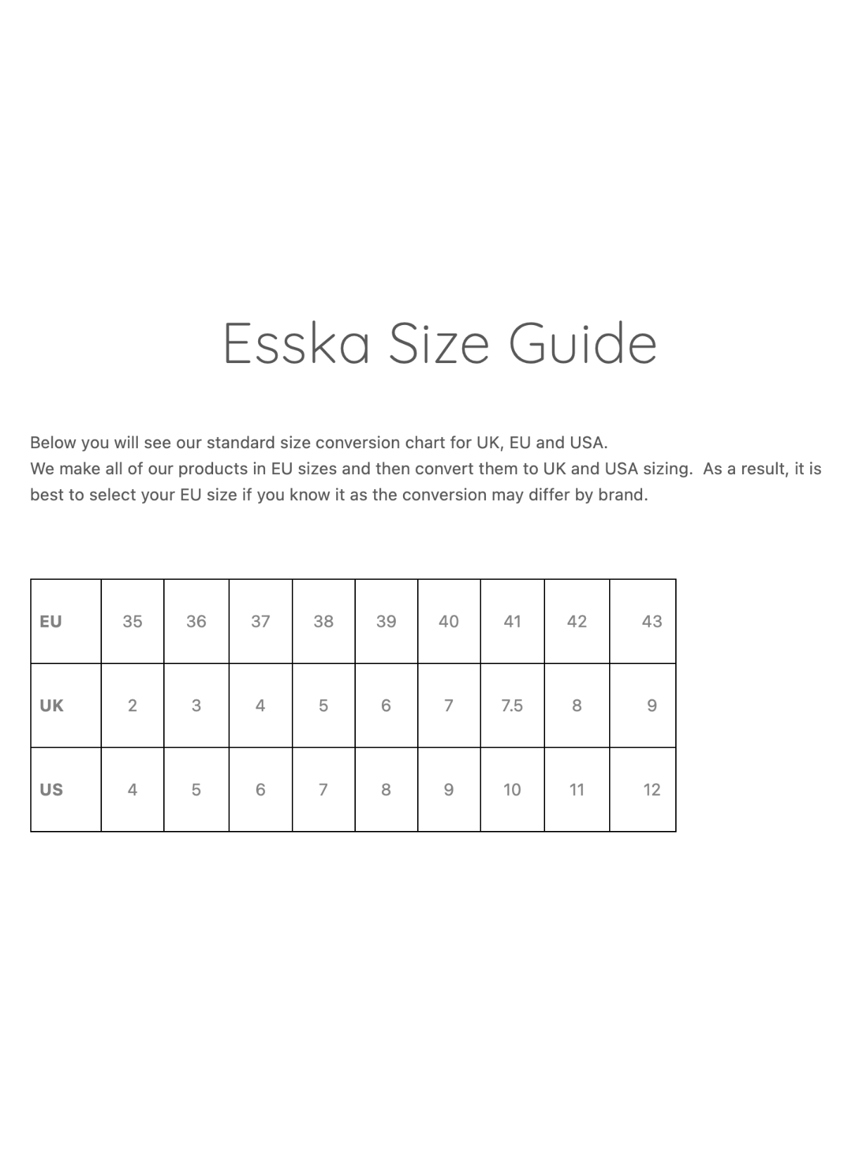 Esska Size Guide EU UK US Conversion Chart.