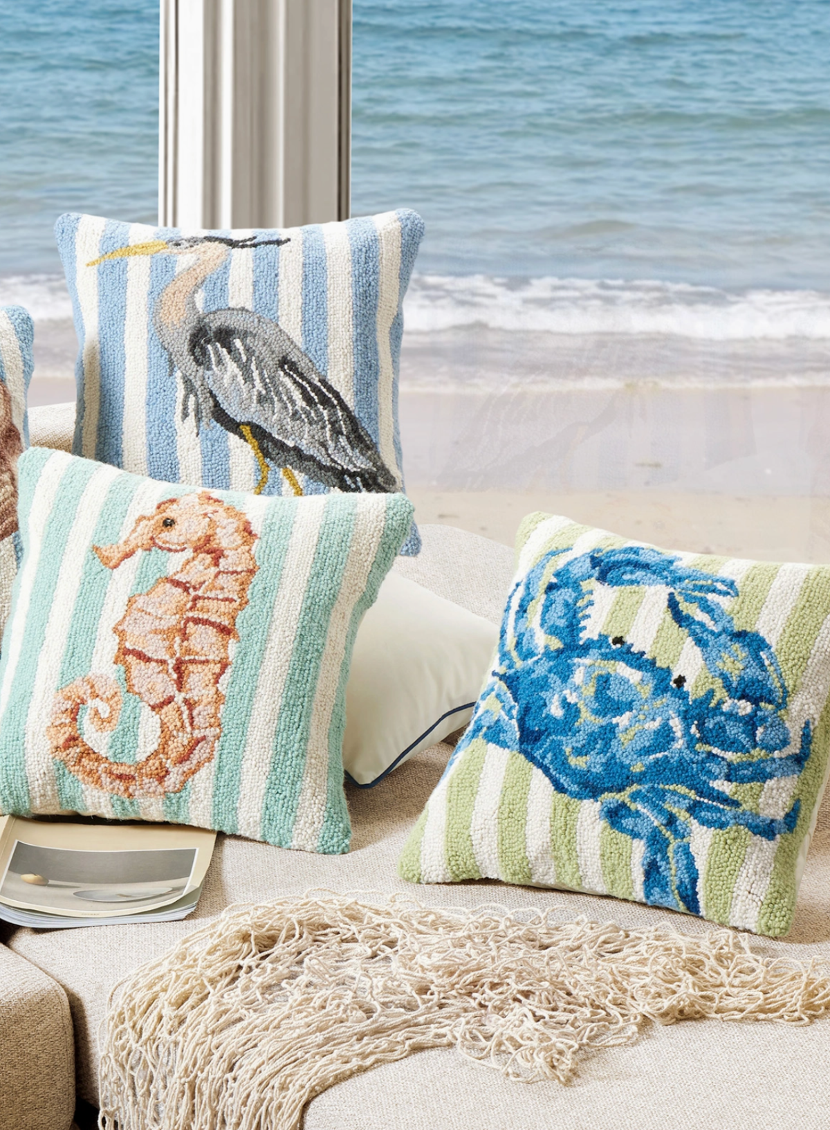 Peking Handicraft NEW Blue Crab Hook Pillow with green stripe
