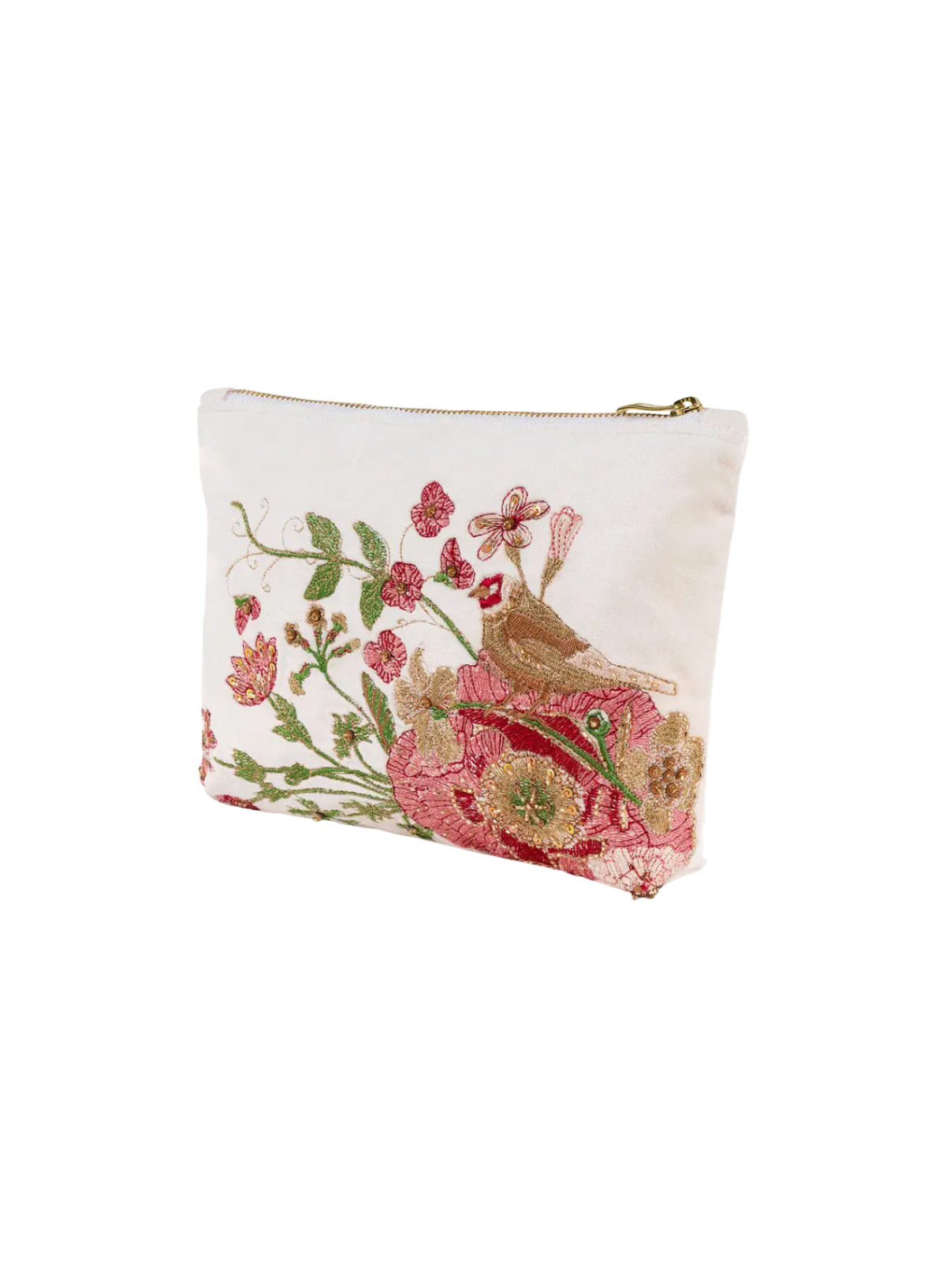 Powder Design Mid Sized Embroidered Zip Pouch - Fine Flowers in Cream