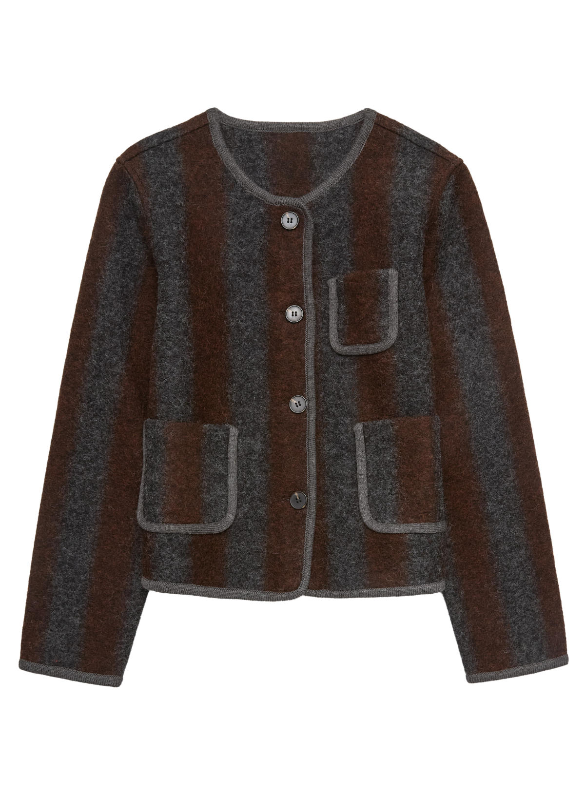 Brown and gray jacket with button details on a white background