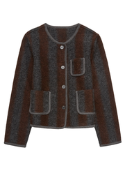 Brown and gray jacket with button details on a white background