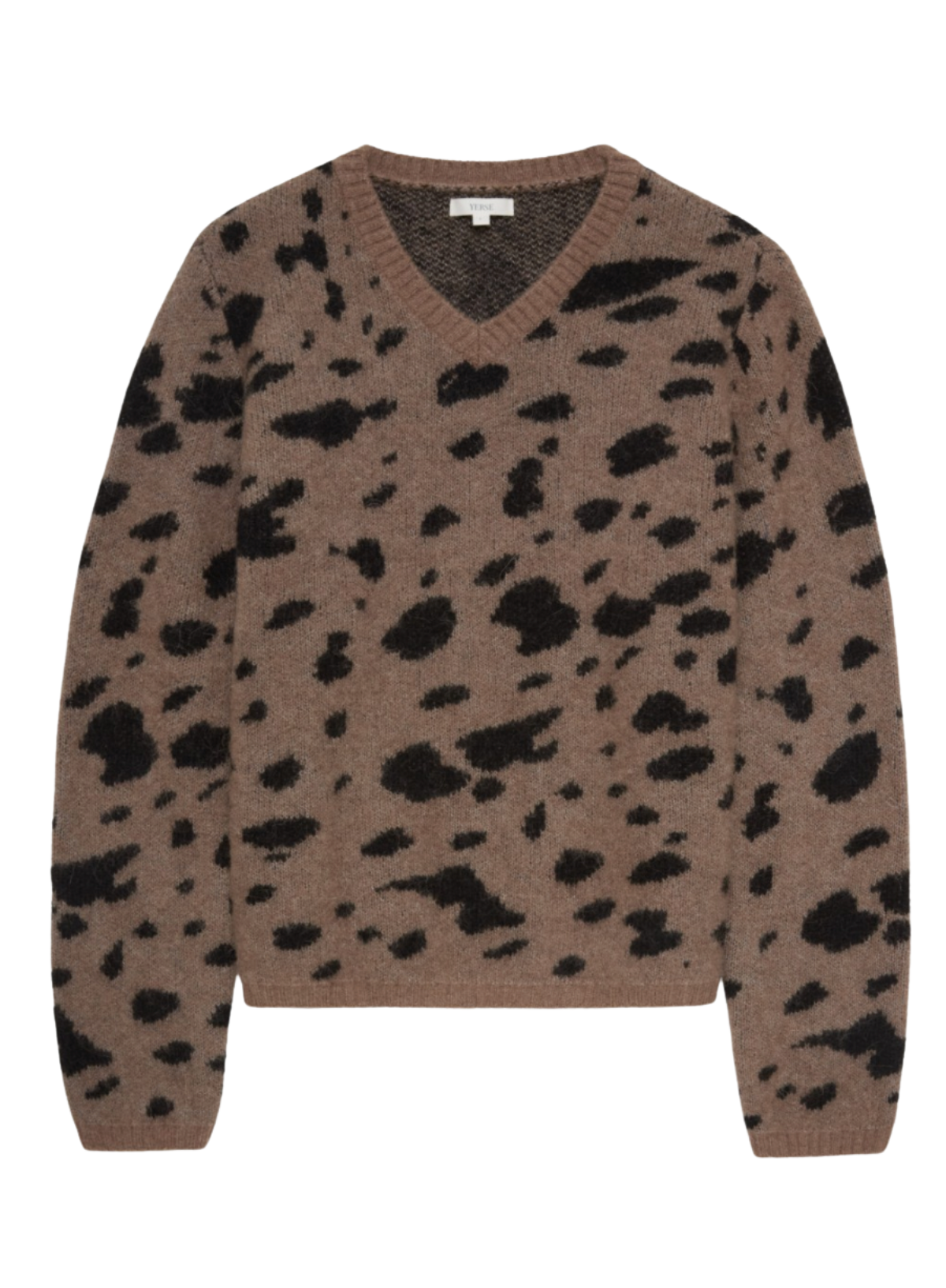 Brown sweater with black abstract pattern on a white background