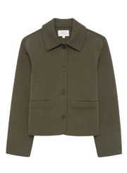 Green jacket with button details on a white background