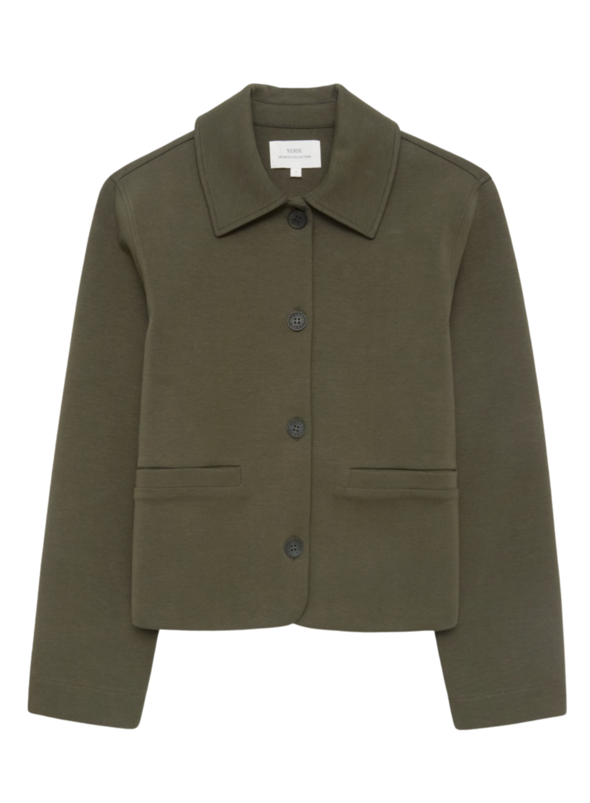 Green jacket with button details on a white background