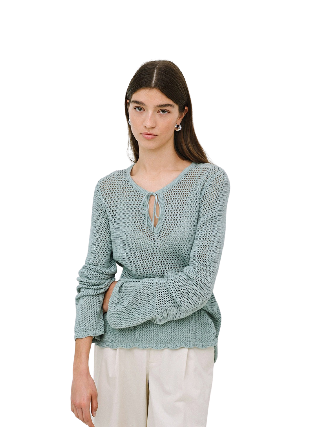Net Knit Long Sleeve Top in Green from Yerse