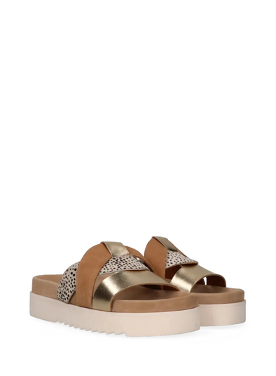 Bari Leather Sandals in Gold/Sandalwood Pixel from Maruti