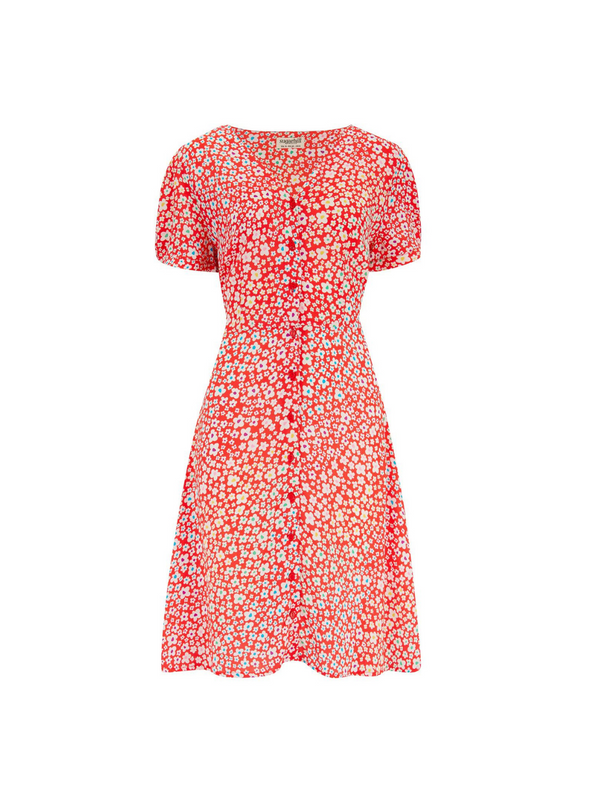 Gail Dress in Red Rainbow Daisies from Sugarhill