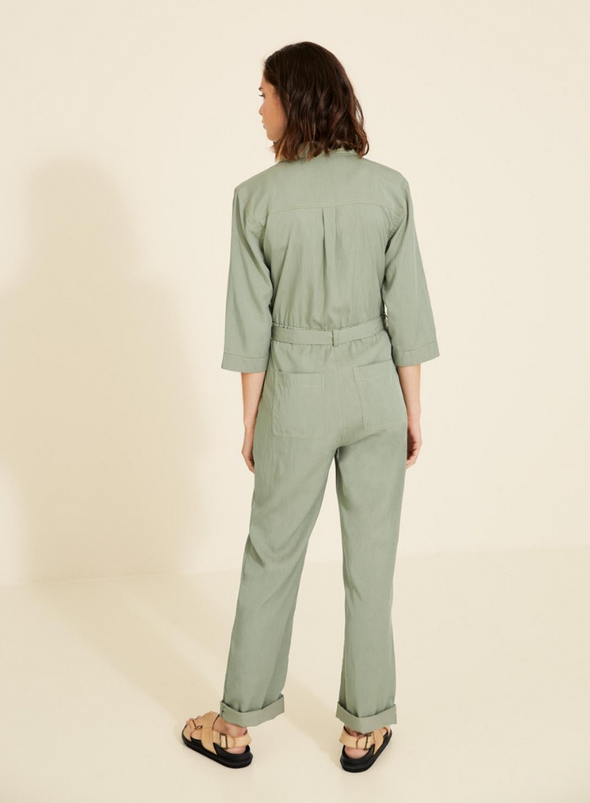 Tie Waist V Neck Green Jumpsuit from Yerse