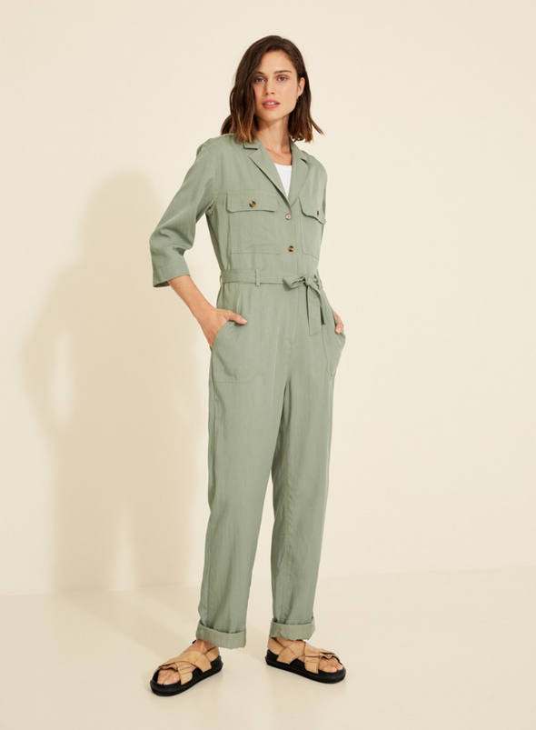 Tie Waist V Neck Green Jumpsuit from Yerse