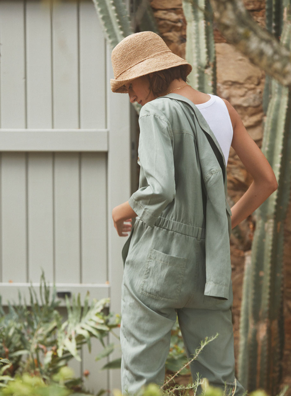 Tie Waist V Neck Green Jumpsuit from Yerse