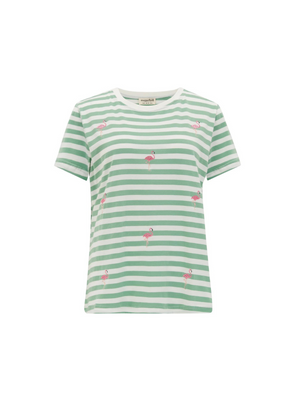 Maggie T-shirt in Off White/Green Flamingo Embroidery from Sugarhill