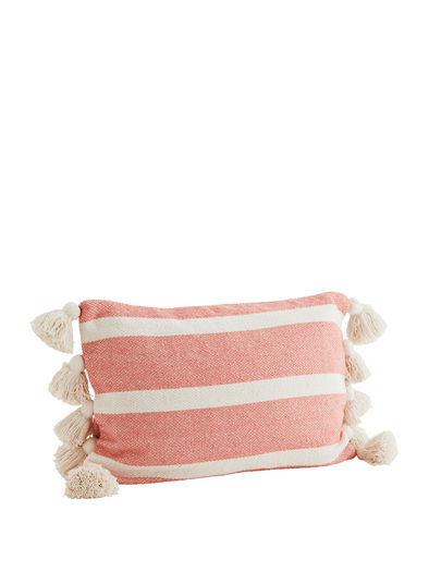 Tasseled Coral and White Striped Cushion
