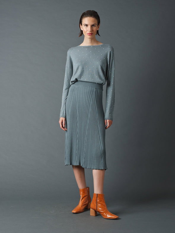 Ribbed Viscose Midi Skirt in Vintage Blue from Indi & Cold
